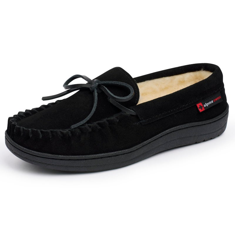 Alpine Swiss Sabine Womens Moccasin Slippers Genuine Suede House Shoe Memory Foam Insole Plush Faux Shearling Fur Indoor Outdoor Anti-Slip Rubber Sole BLK 9 - Image 1